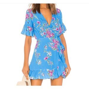 Privacy Please May Mini Wrap Dress Blue Floral Revolve Ruffles Side Tie Size XXS
